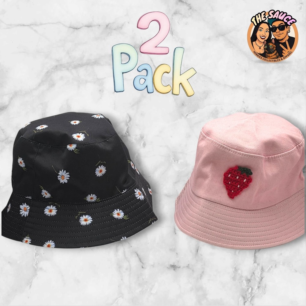 Bucket Hat‎ 2 Pack Women OS Pink Black Strawberry Daisy Floral Retro Vibes Y2K